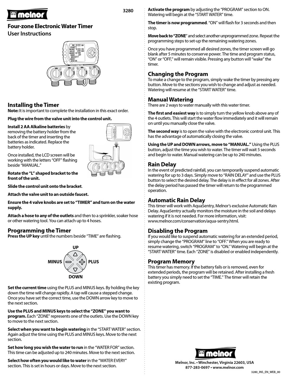 Melnor Water Timer Manual 1 Zone - TIMERWQ