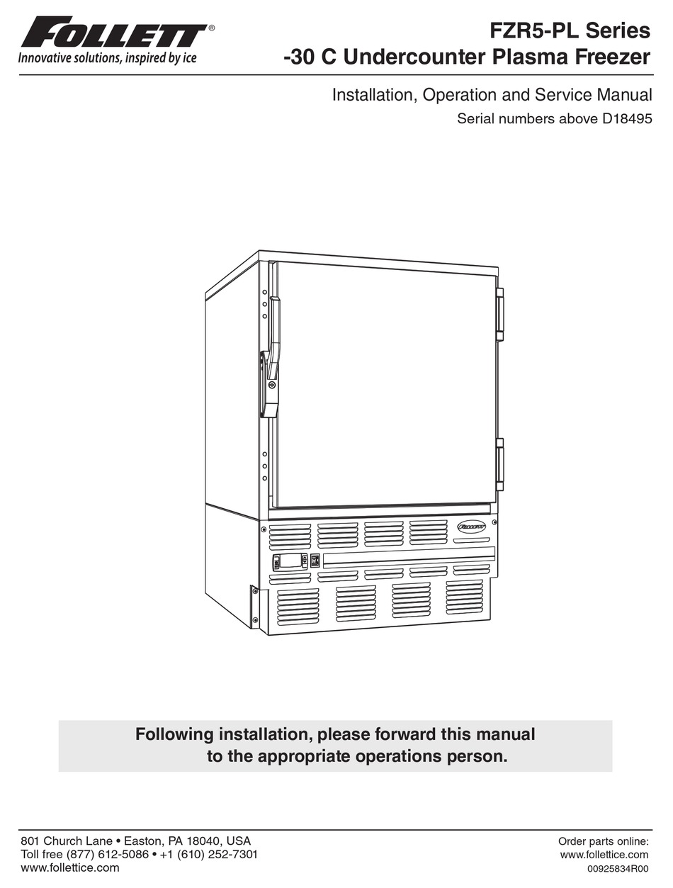 FOLLETT FZR5PL SERIES INSTALLATION, OPERATION AND SERVICE MANUAL Pdf