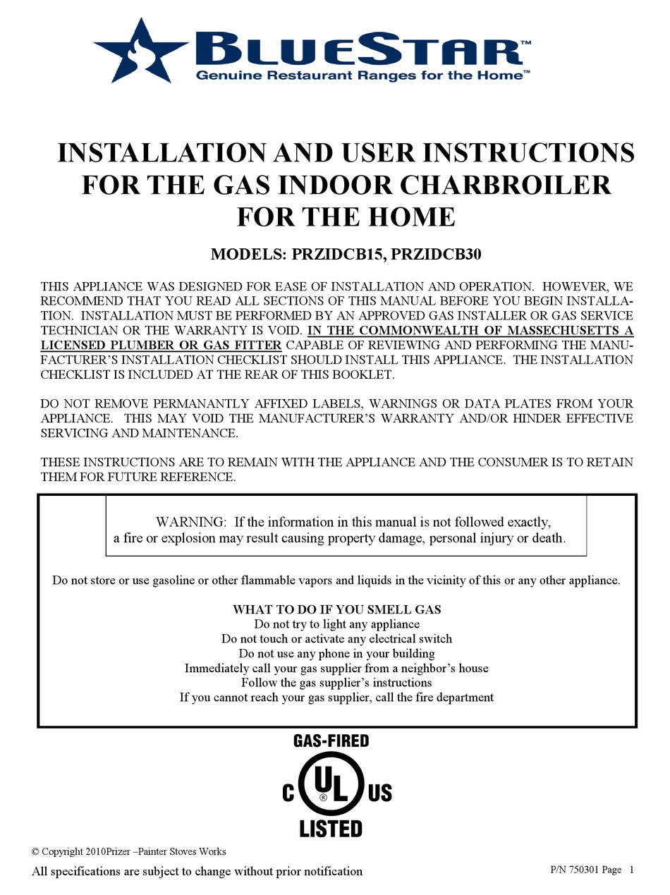 BLUESTAR PRZIDCB15 INSTALLATION AND USER INSTRUCTIONS MANUAL Pdf