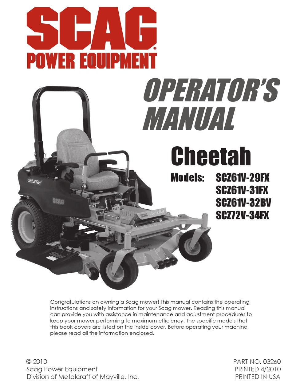 SCAG POWER EQUIPMENT CHEETAH SCZ61V-29FX OPERATOR'S MANUAL Pdf Download