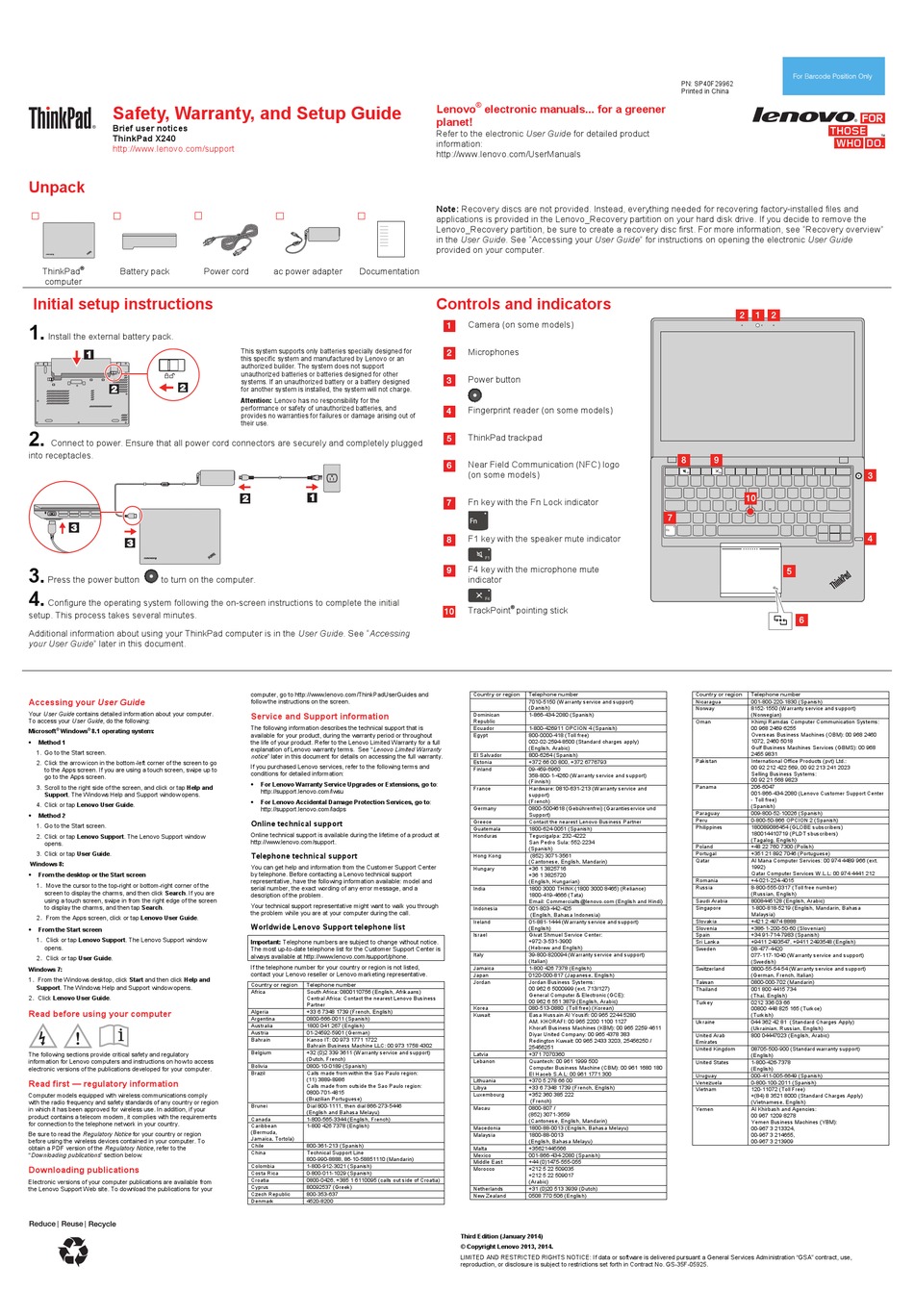 LENOVO THINKPAD X240 SAFETY, WARRANTY, AND SETUP MANUAL Pdf Download