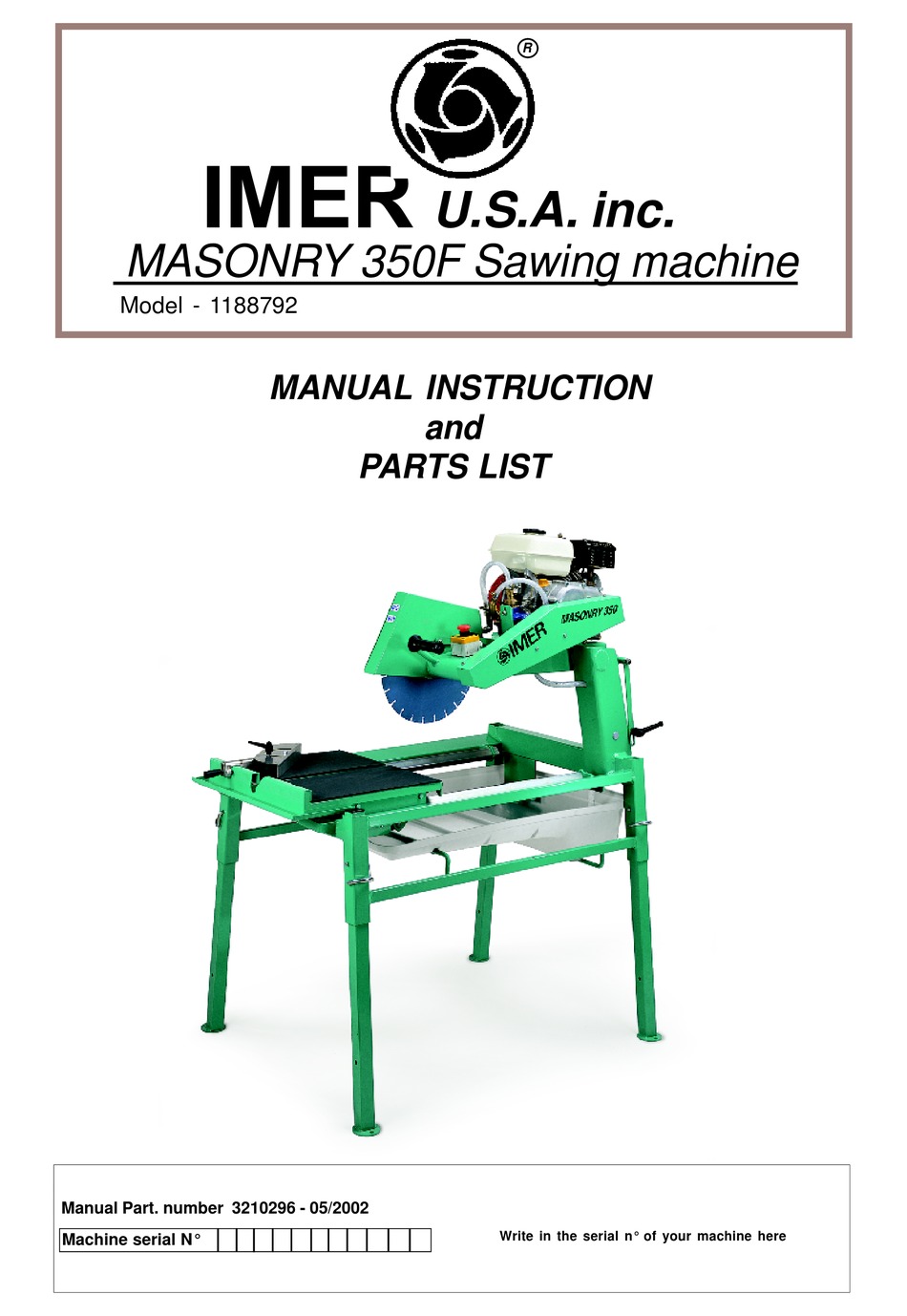 IMER USA MASONRY 350 F 1188792 MANUAL INSTRUCTION Pdf Download ManualsLib