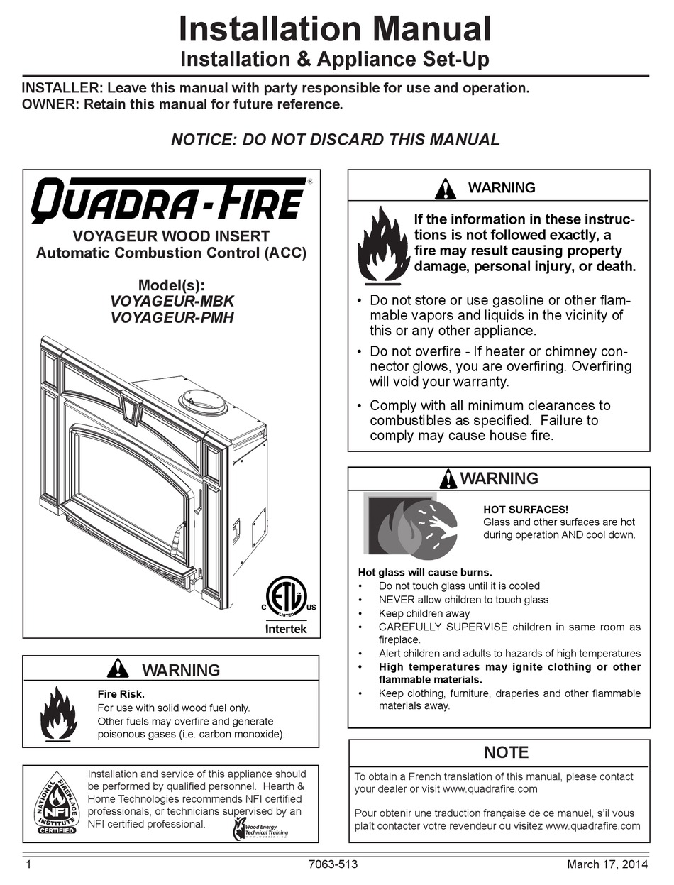 QUADRA-FIRE VOYAGEUR-MBK INSTALLATION MANUAL Pdf Download | ManualsLib