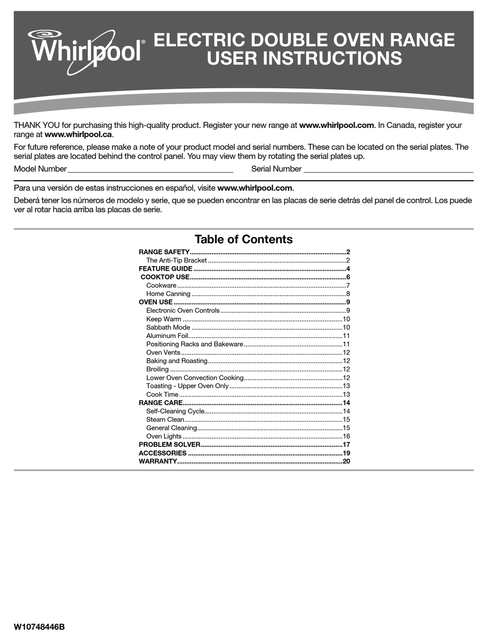 WHIRLPOOL ELECTRIC DOUBLE OVEN RANGE USER INSTRUCTIONS Pdf Download