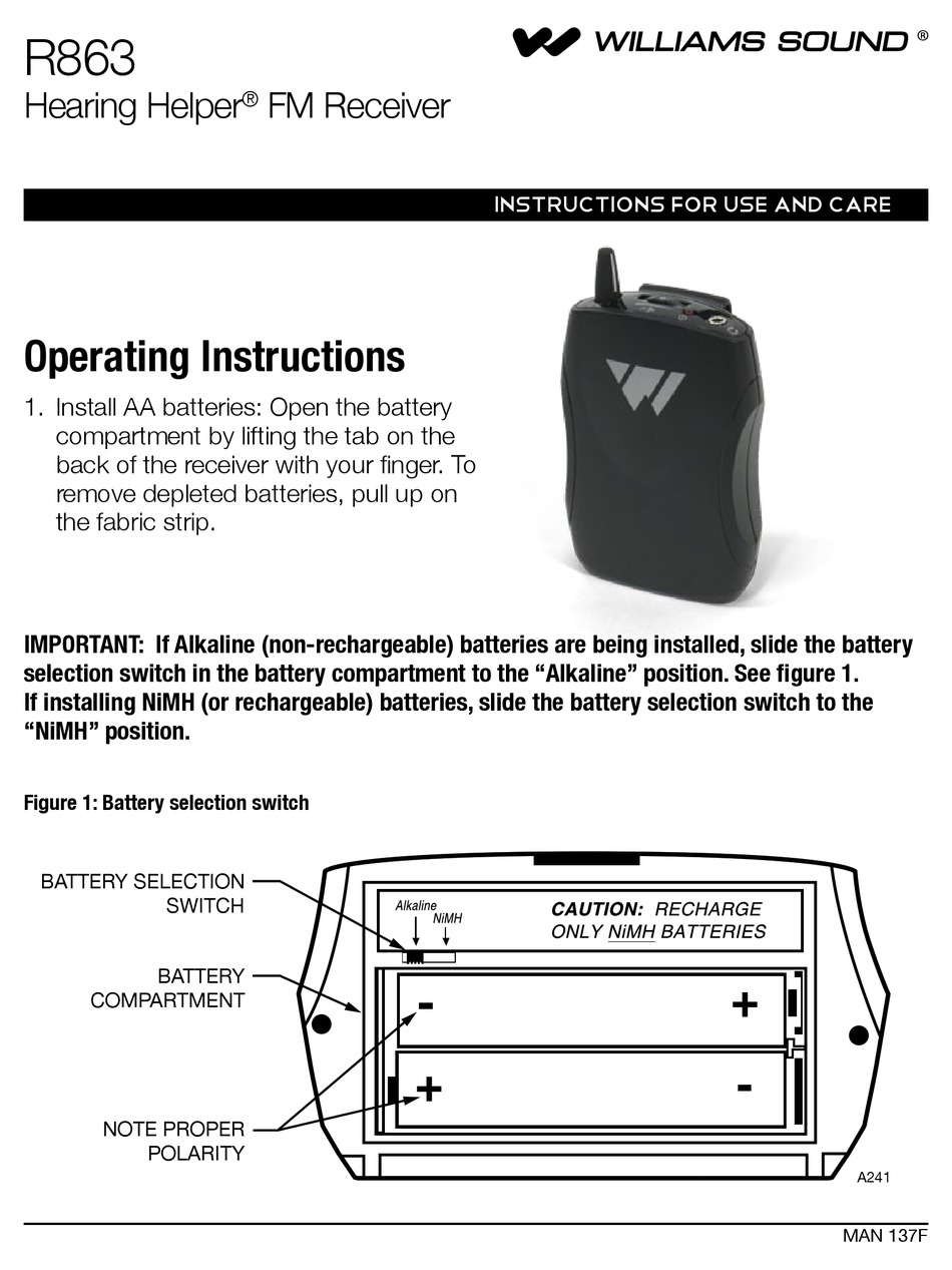 WILLIAMS SOUND R863 INSTRUCTIONS FOR USE AND CARE MANUAL Pdf Download