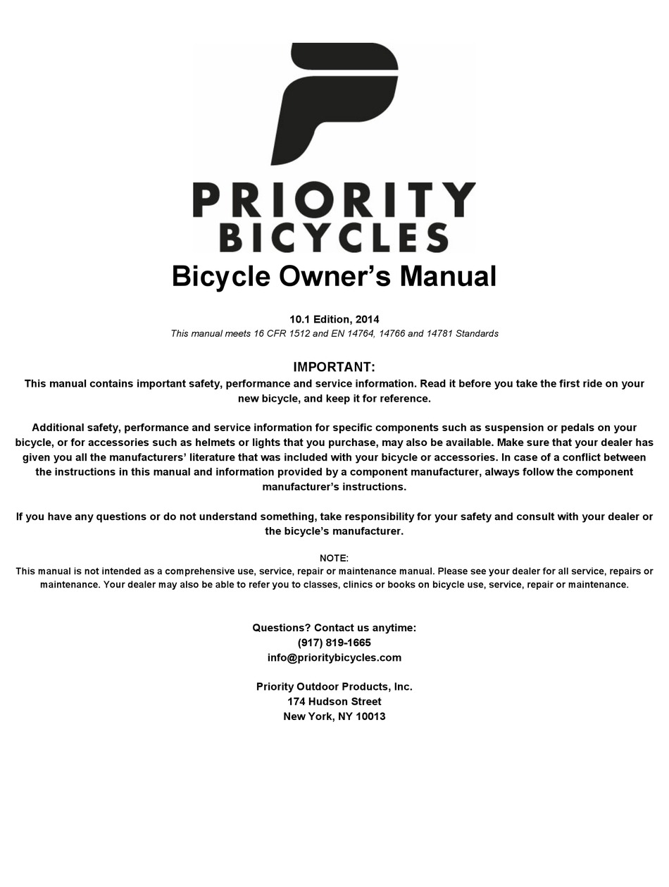 PRIORITY BICYCLE OWNER'S MANUAL Pdf Download ManualsLib