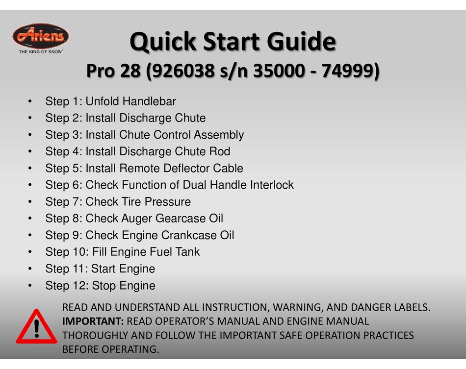 ARIENS PRO 28 QUICK START MANUAL Pdf Download ManualsLib