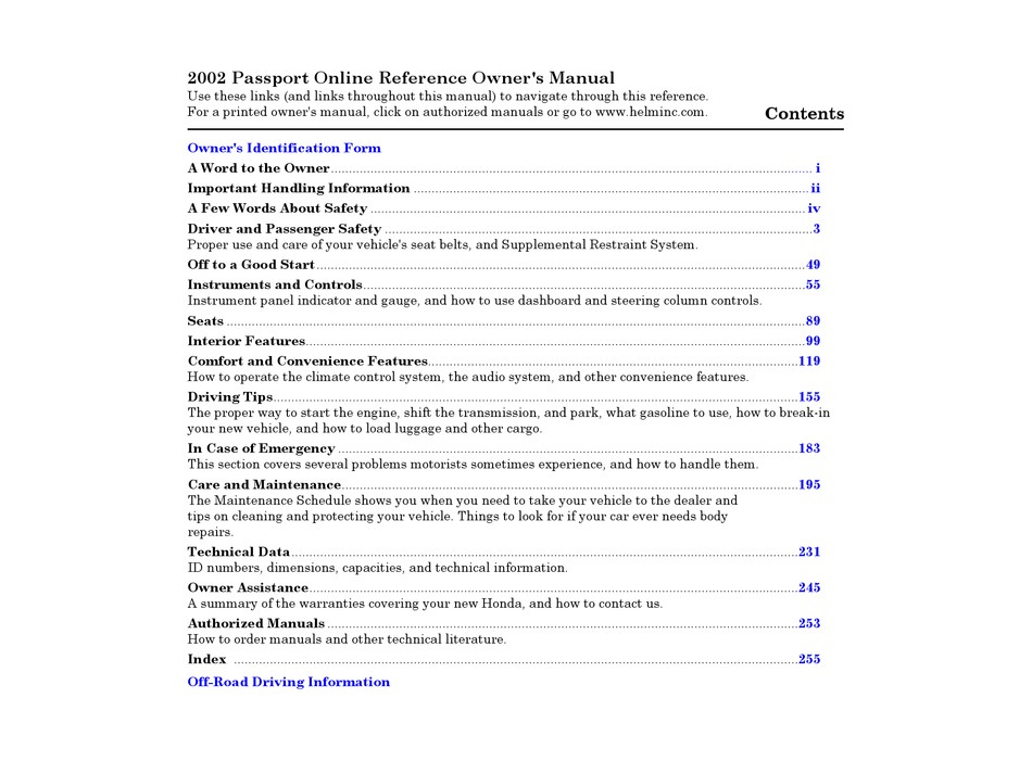 HONDA 2002 PASSPORT OWNER'S MANUAL Pdf Download ManualsLib