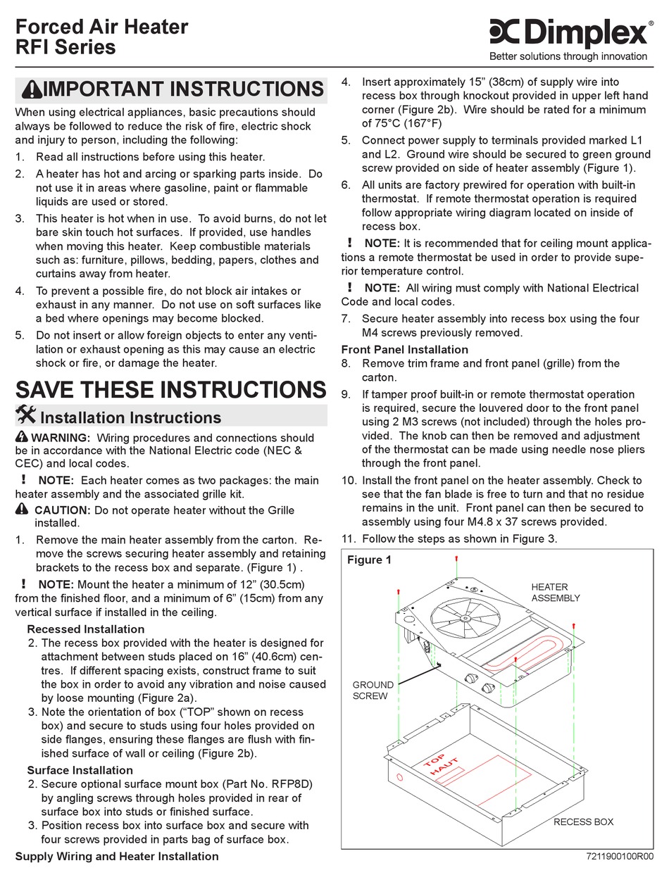 Operation And Maintenance; Replacement Parts - Dimplex RFI Series  Installation Instructions [Page 3] | ManualsLib