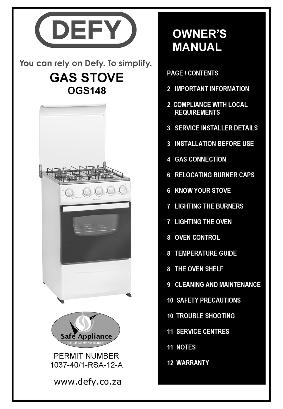 defy gas stove dgs168 manual