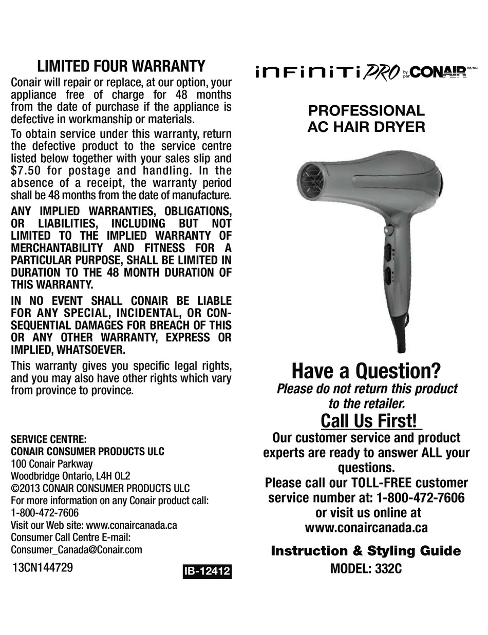 CONAIR INFINITI PRO 332C INSTRUCTION & STYLING MANUAL Pdf Download