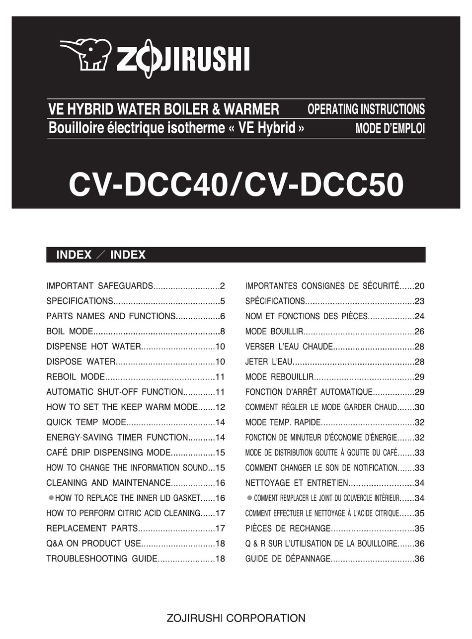 ZOJIRUSHI CV-DCC40 OPERATING INSTRUCTIONS MANUAL Pdf Download | ManualsLib