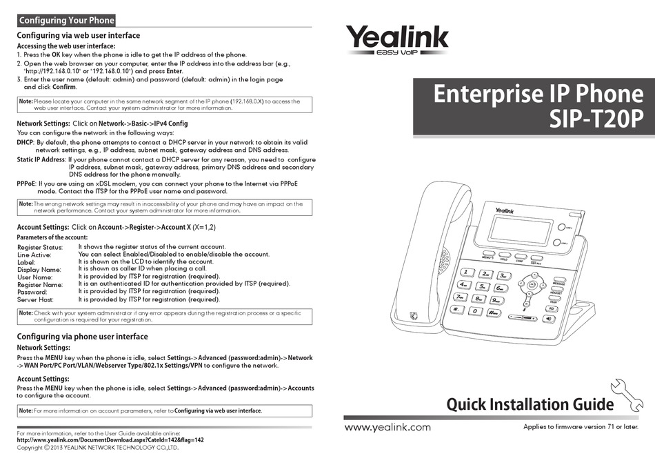 YEALINK SIP-T20P QUICK INSTALLATION MANUAL Pdf Download | ManualsLib