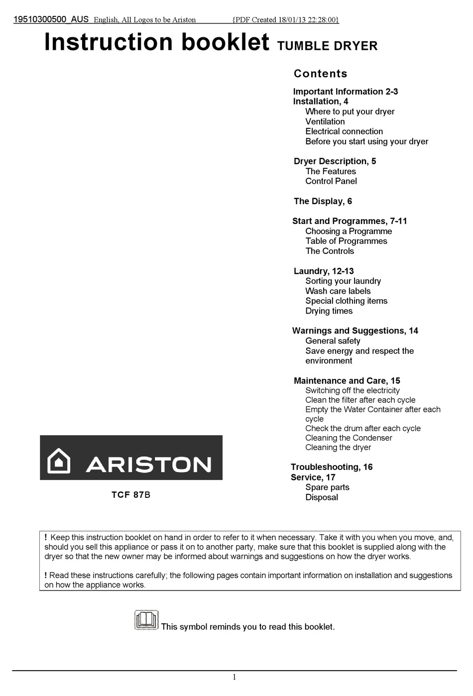 ARISTON TCF 87B INSTRUCTION BOOKLET Pdf Download | ManualsLib