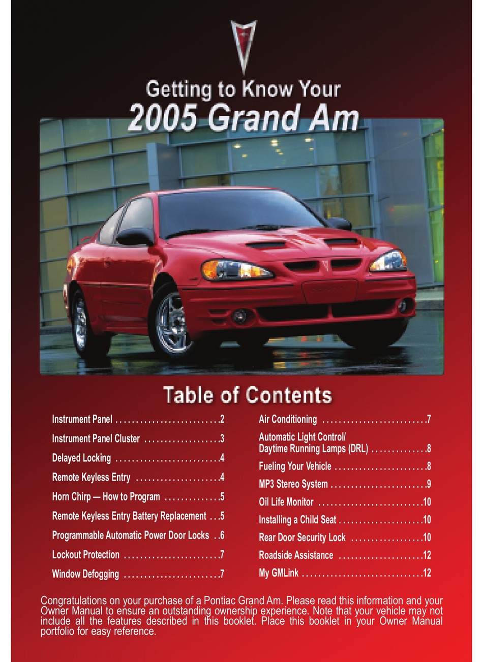 PONTIAC 2005 GRAND AM GETTING TO KNOW MANUAL Pdf Download | ManualsLib