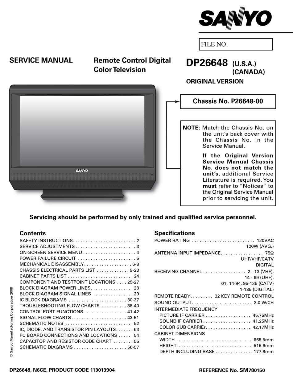 SANYO DP26648 SERVICE MANUAL Pdf Download | ManualsLib