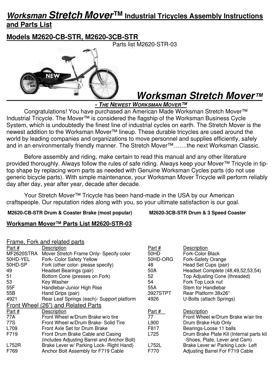 WORKSMAN STRETCH MOVER M2620 CB STR ASSEMBLY INSTRUCTIONS AND PARTS