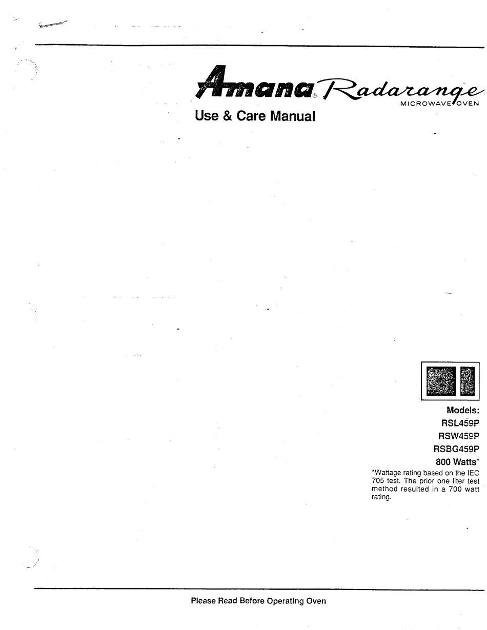 AMANA RADARANGE RSL459P USE & CARE MANUAL Pdf Download ManualsLib