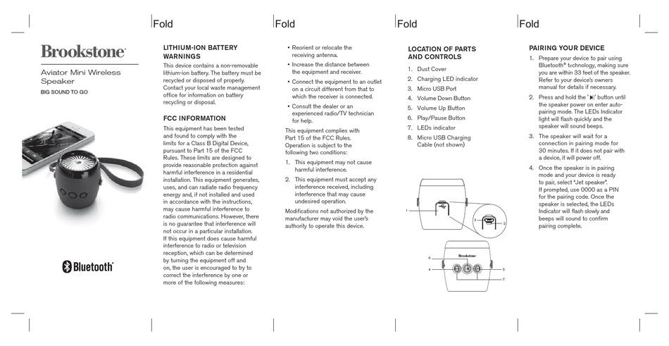 BROOKSTONE AVIATOR MINI WIRELESS SPEAKER USER MANUAL Pdf Download