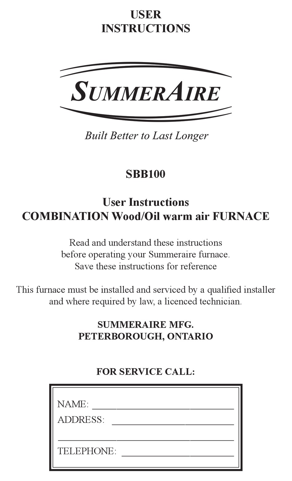 SUMMERAIRE SBB100 USER INSTRUCTIONS Pdf Download | ManualsLib
