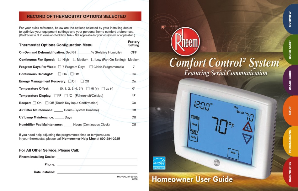 RHEEM COMFORT CONTROL 2 SYSTEM HOMEOWNER USER MANUAL Pdf Download