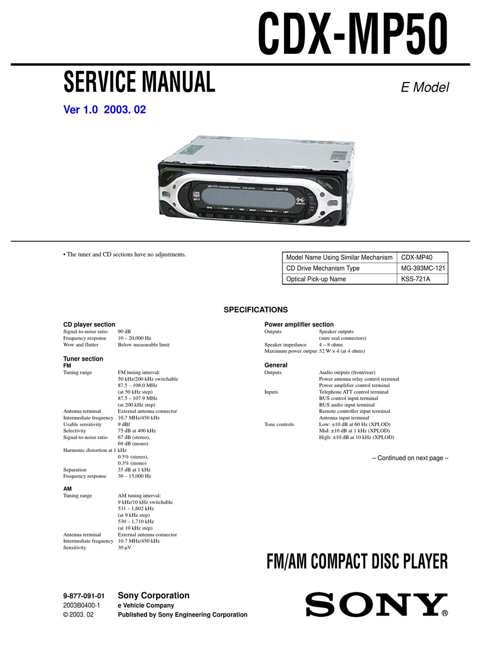 SONY CDX-MP50 SERVICE MANUAL Pdf Download | ManualsLib