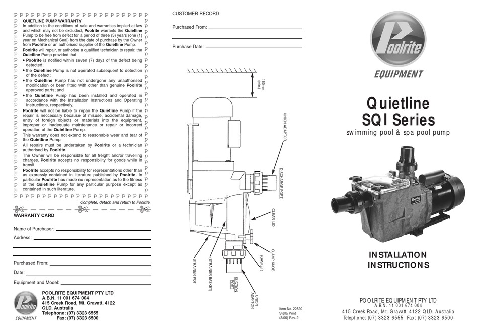 POOLRITE QUIETLINESQI SERIES INSTALLATION INSTRUCTIONS Pdf