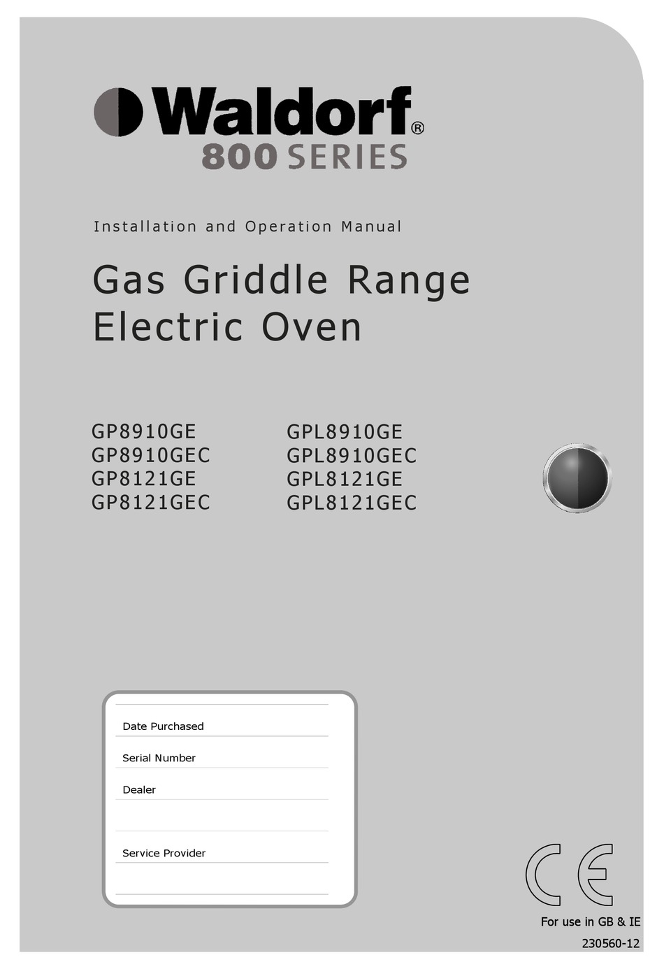 WALDORF GP8910GE INSTALLATION AND OPERATION MANUAL Pdf Download