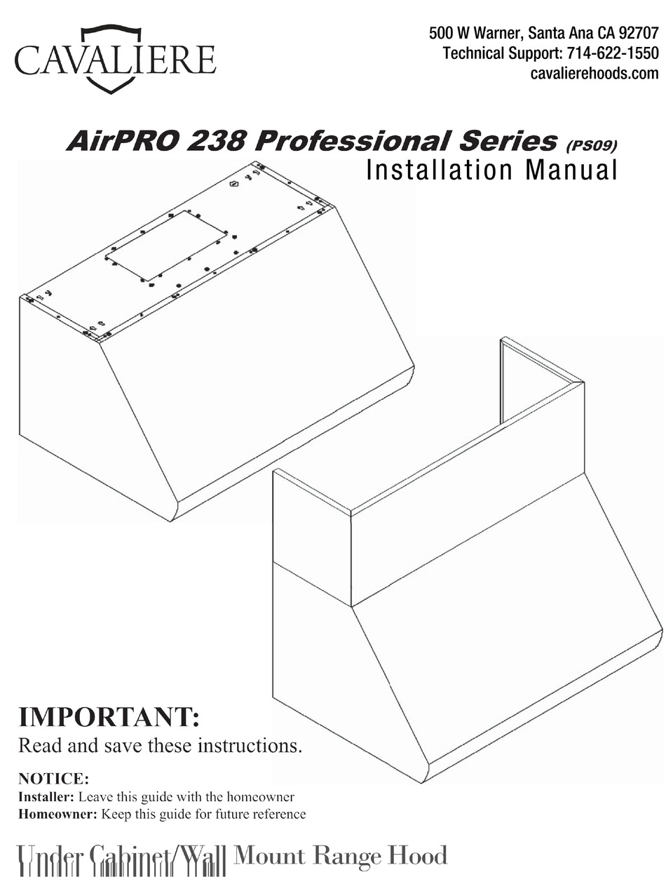CAVALIERE AIRPRO 238 PROFESSIONAL SERIES INSTALLATION MANUAL Pdf