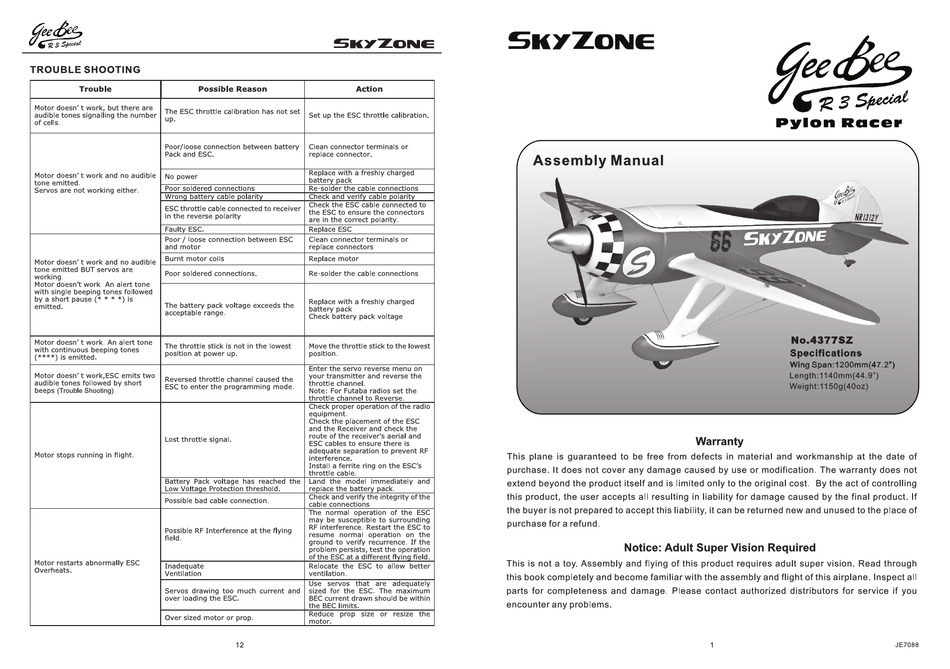 SKYZONE GEE BEE 4377SZ ASSEMBLY MANUAL Pdf Download | ManualsLib