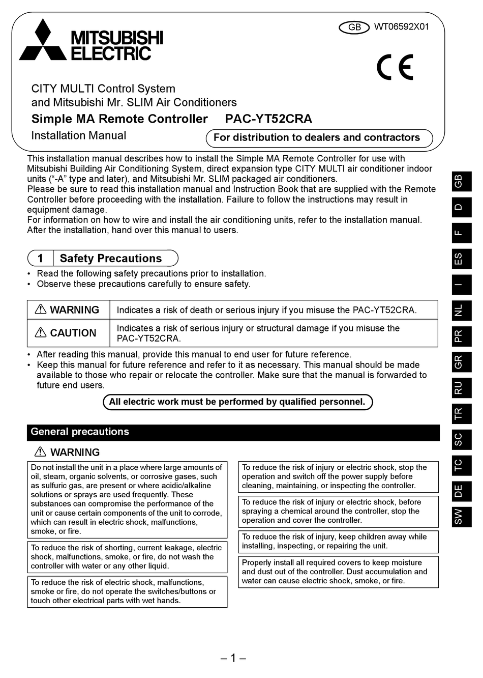 MITSUBISHI ELECTRIC CITY MULTI PACYT52CRA INSTALLATION MANUAL Pdf