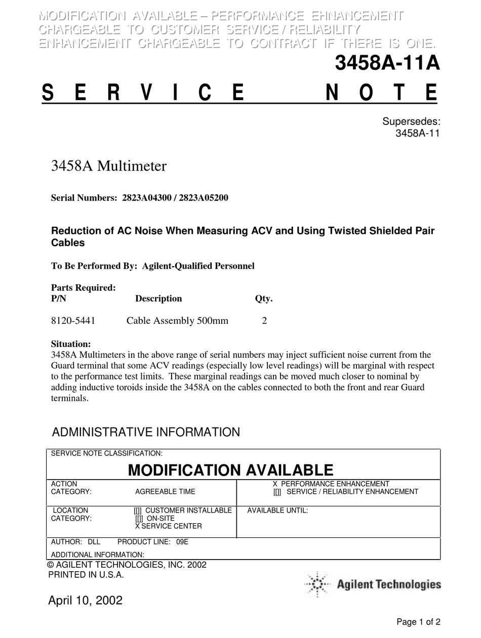 AGILENT TECHNOLOGIES 3458A SERVICE NOTE Pdf Download | ManualsLib