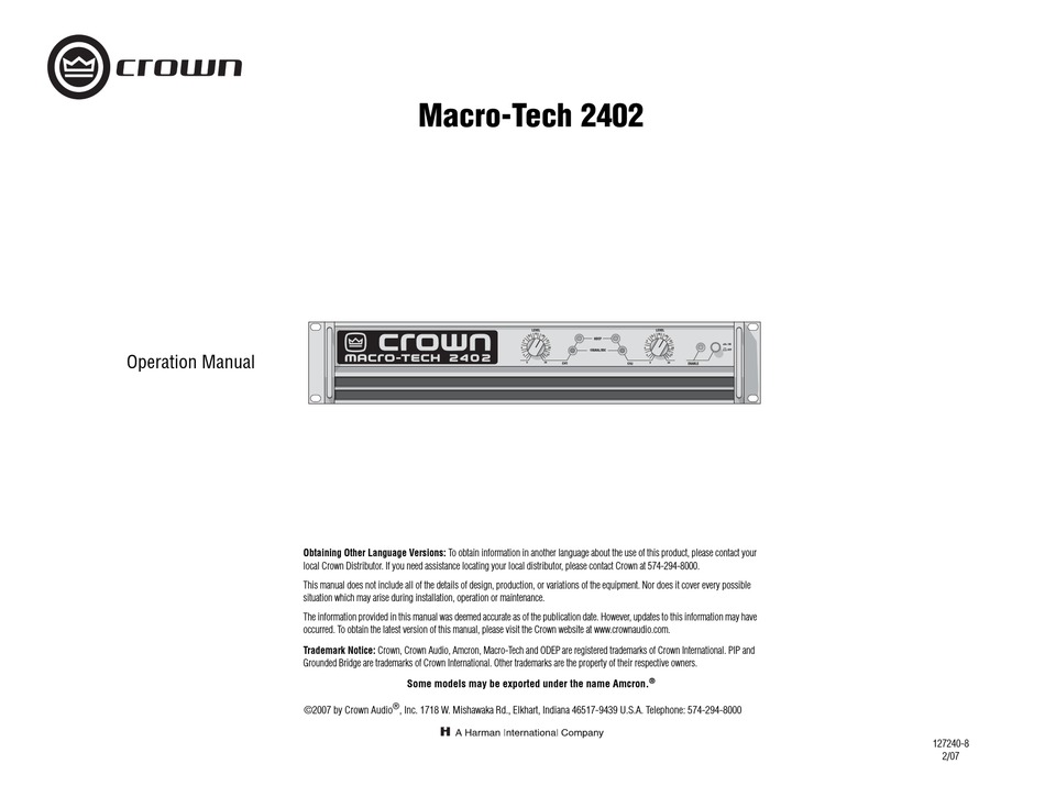 Crown Macro Tech 2402 Operation Manual Pdf Download Manualslib