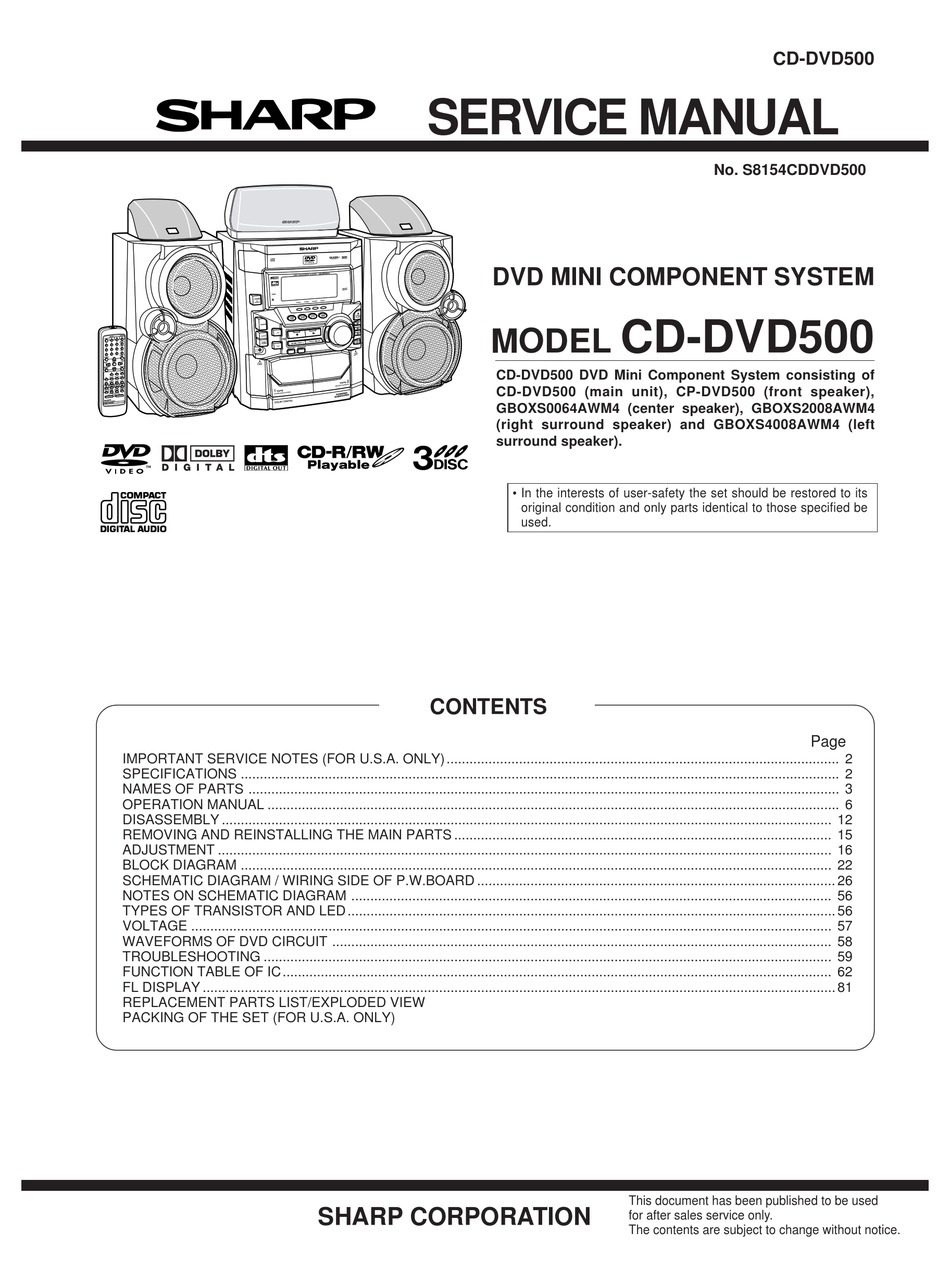 Sharp Cd Dvd500 Service Manual Pdf Download Manualslib