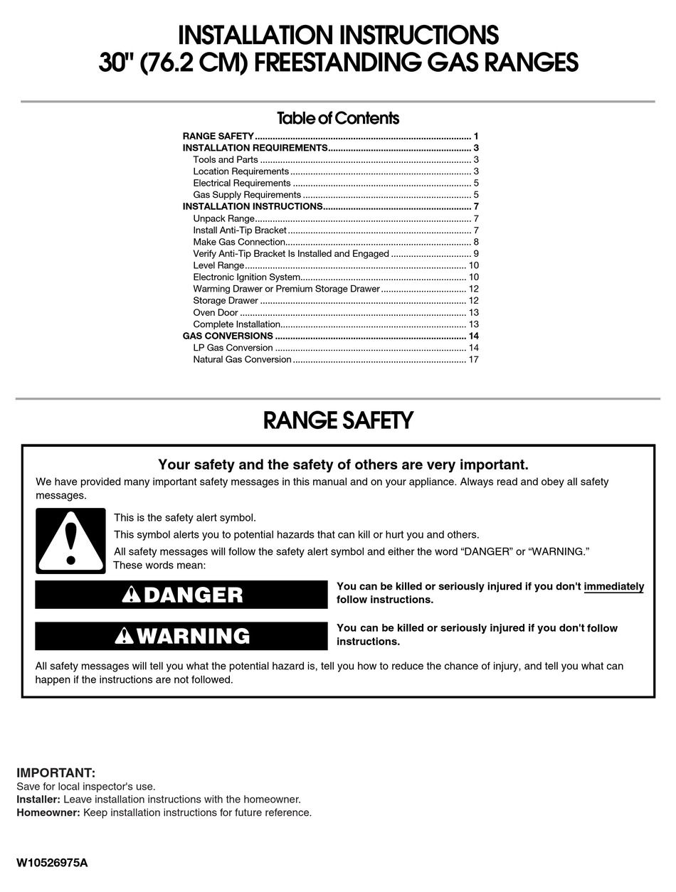 MAYTAG 30" (76.2 CM) FREESTANDING GAS RANGES INSTALLATION INSTRUCTIONS