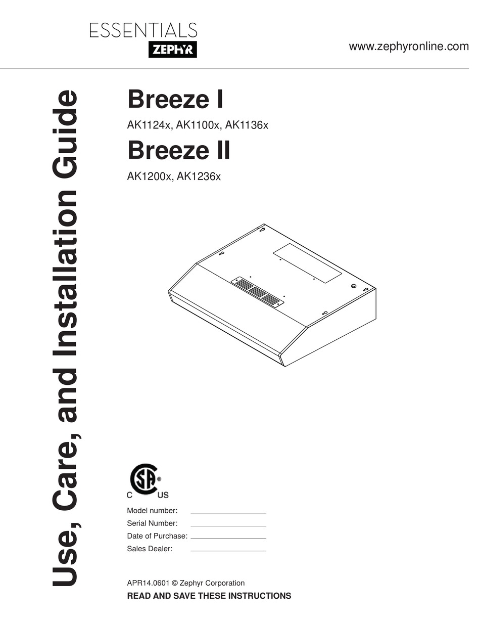 ZEPHYR BREEZE I AK1124X USE, CARE AND INSTALLATION MANUAL Pdf Download
