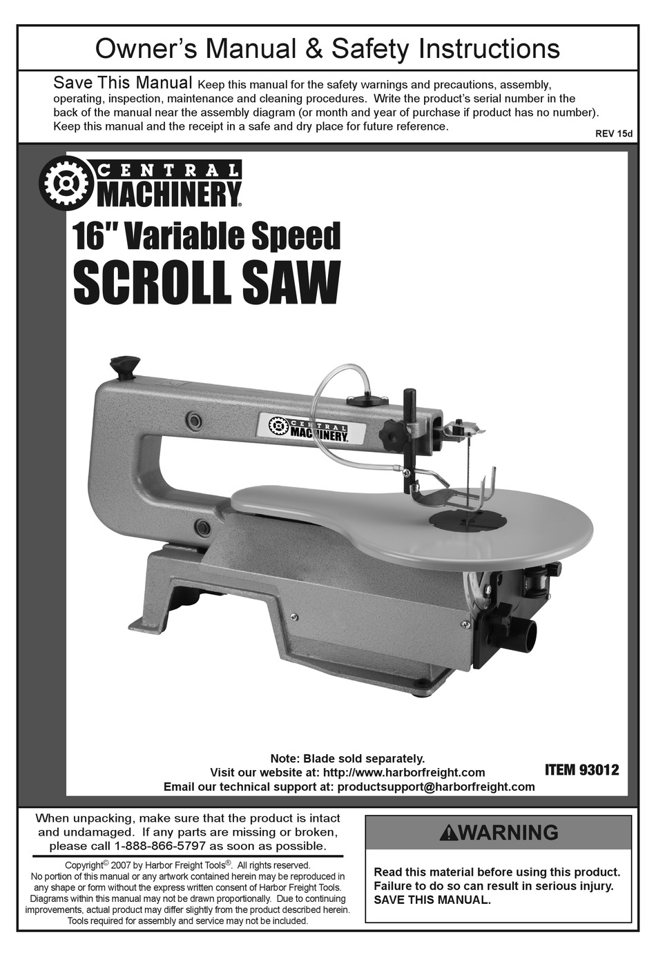 CENTRAL MACHINERY 93012 OWNER'S MANUAL & SAFETY INSTRUCTIONS Pdf