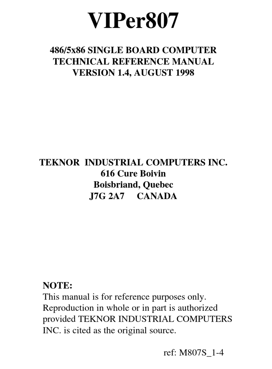 TEKNOR INDUSTRIAL COMPUTERS VIPER807 TECHNICAL REFERENCE MANUAL Pdf