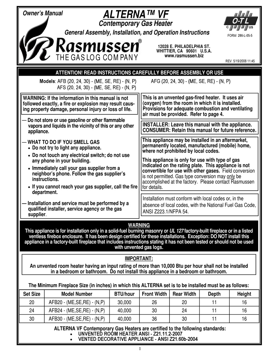 Rasmussen Alterna Vf Afb Series Owner S Manual Pdf Download Manualslib