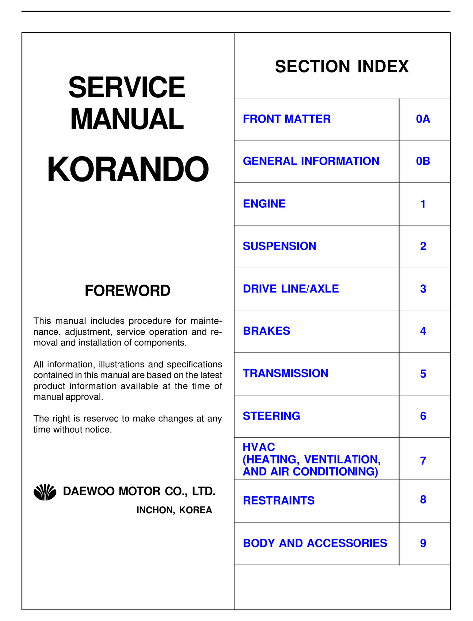 DAEWOO KORANDO SERVICE MANUAL Pdf Download | ManualsLib