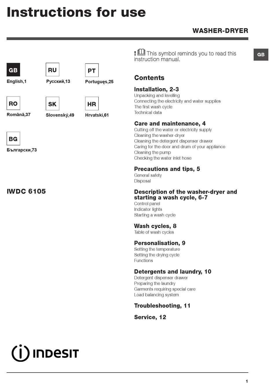 INDESIT IWDC 6105 INSTRUCTIONS FOR USE MANUAL Pdf Download | ManualsLib