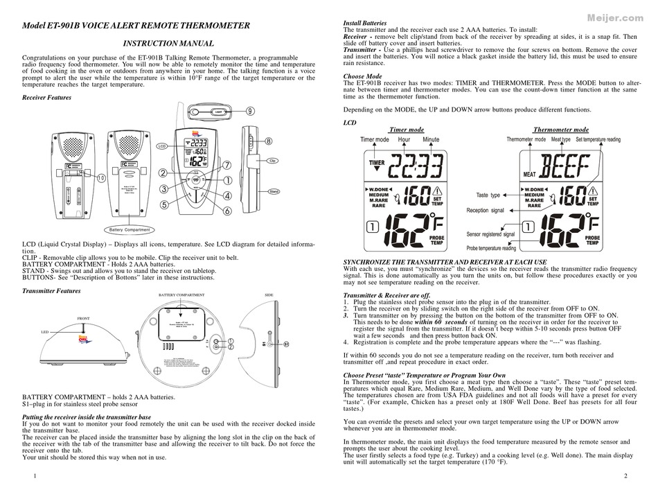 Maverick Voice Alert Remote Oven Thermometer & Timer Redi Chek Wireless  ET-901B