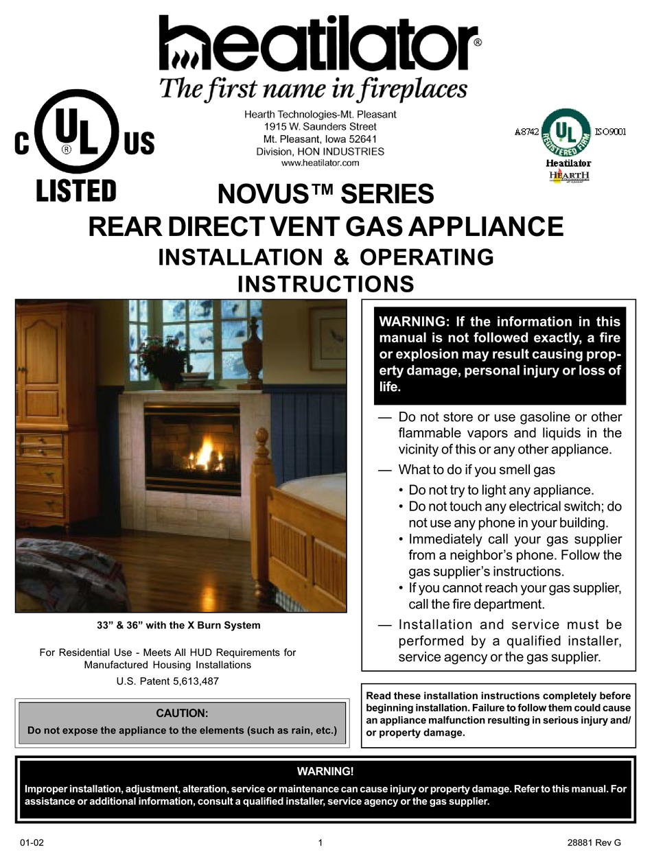 HEATILATOR NOVUS GNRC33 INSTALLATION & OPERATING INSTRUCTIONS MANUAL