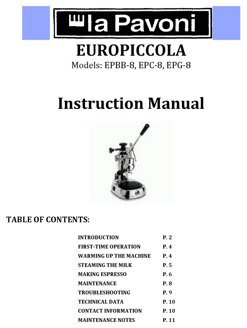 LA PAVONI EUROPICCOLA EPBB-8 INSTRUCTION MANUAL Pdf Download | ManualsLib