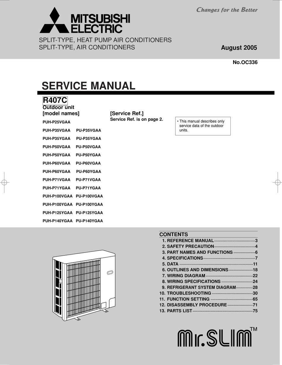 Mitsubishi Electric Mr Slim Puh P25vgaa Service Manual Pdf Download Manualslib