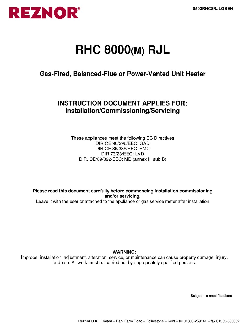 Reznor Rhc 8000 M Rjl Installation Comissioning And Servicing Instructions Pdf Download Manualslib