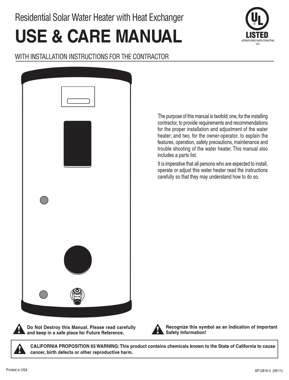 RHEEM RESIDENTIAL SOLAR WATER HEATER WITH HEAT EXCHANGER USE u0026 CARE MANUAL  Pdf Download | ManualsLib