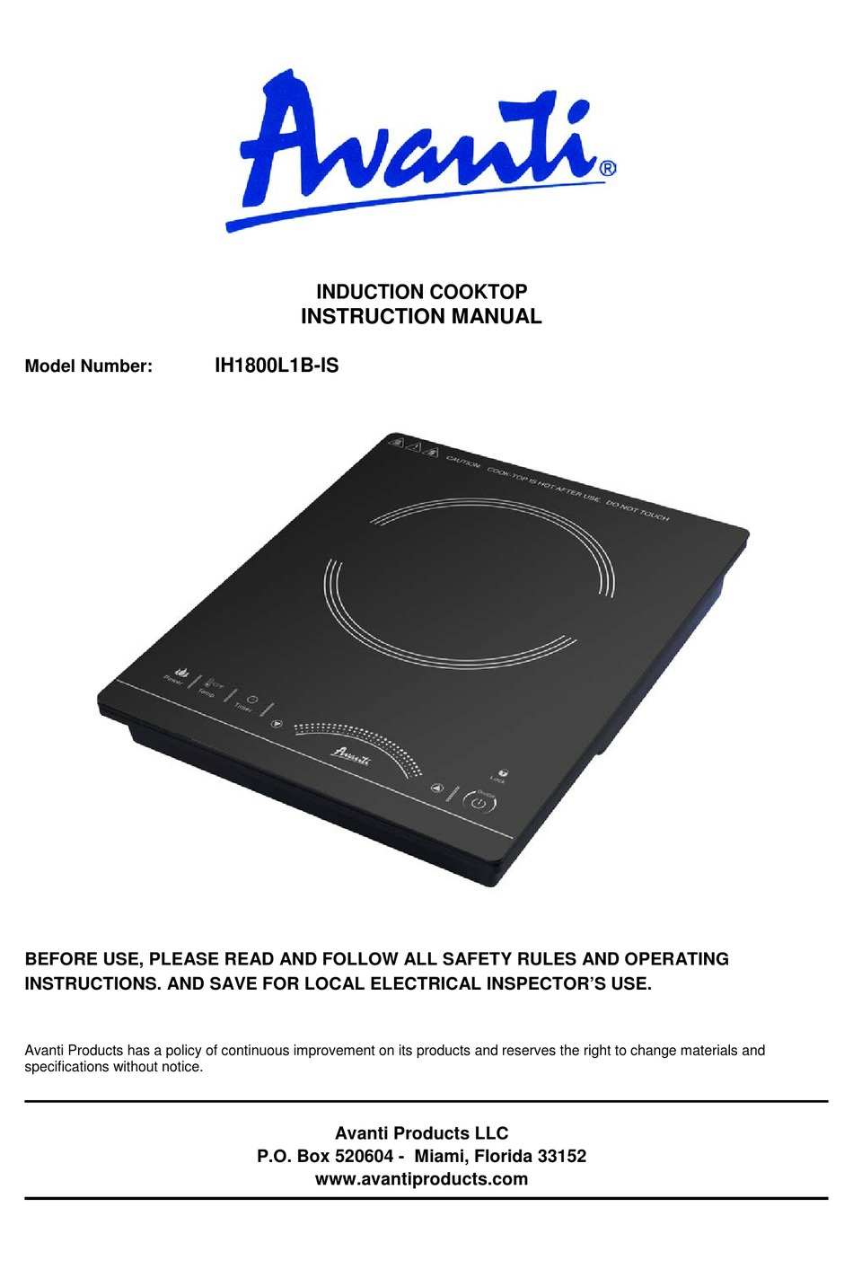Avanti 1800W Portable Induction Cooktop, in Black (IH1800L1B-IS)