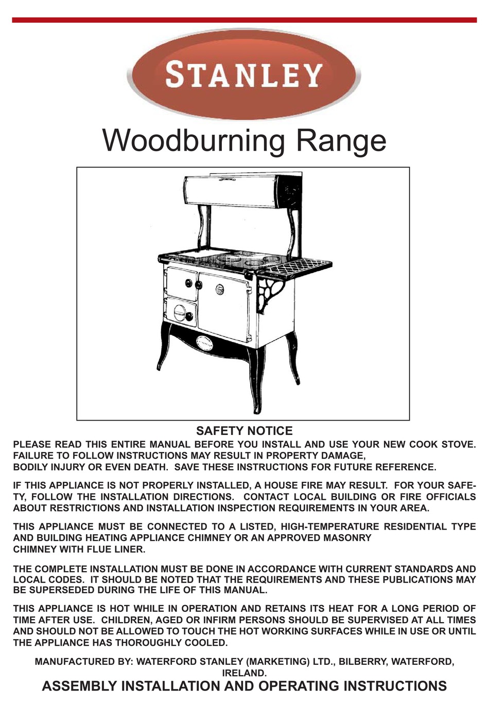 STANLEY WOODBURNING RANGE ASSEMBLY, INSTALLATION AND OPERATING INSTRUCTIONS Pdf Download