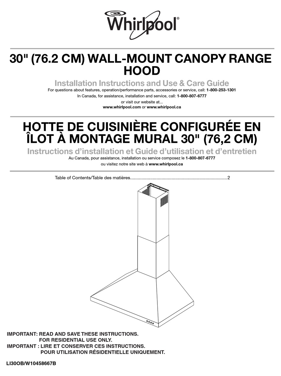 WHIRLPOOL 30" WALLMOUNT CANOPY RANGEHOOD INSTALLATION INSTRUCTIONS AND